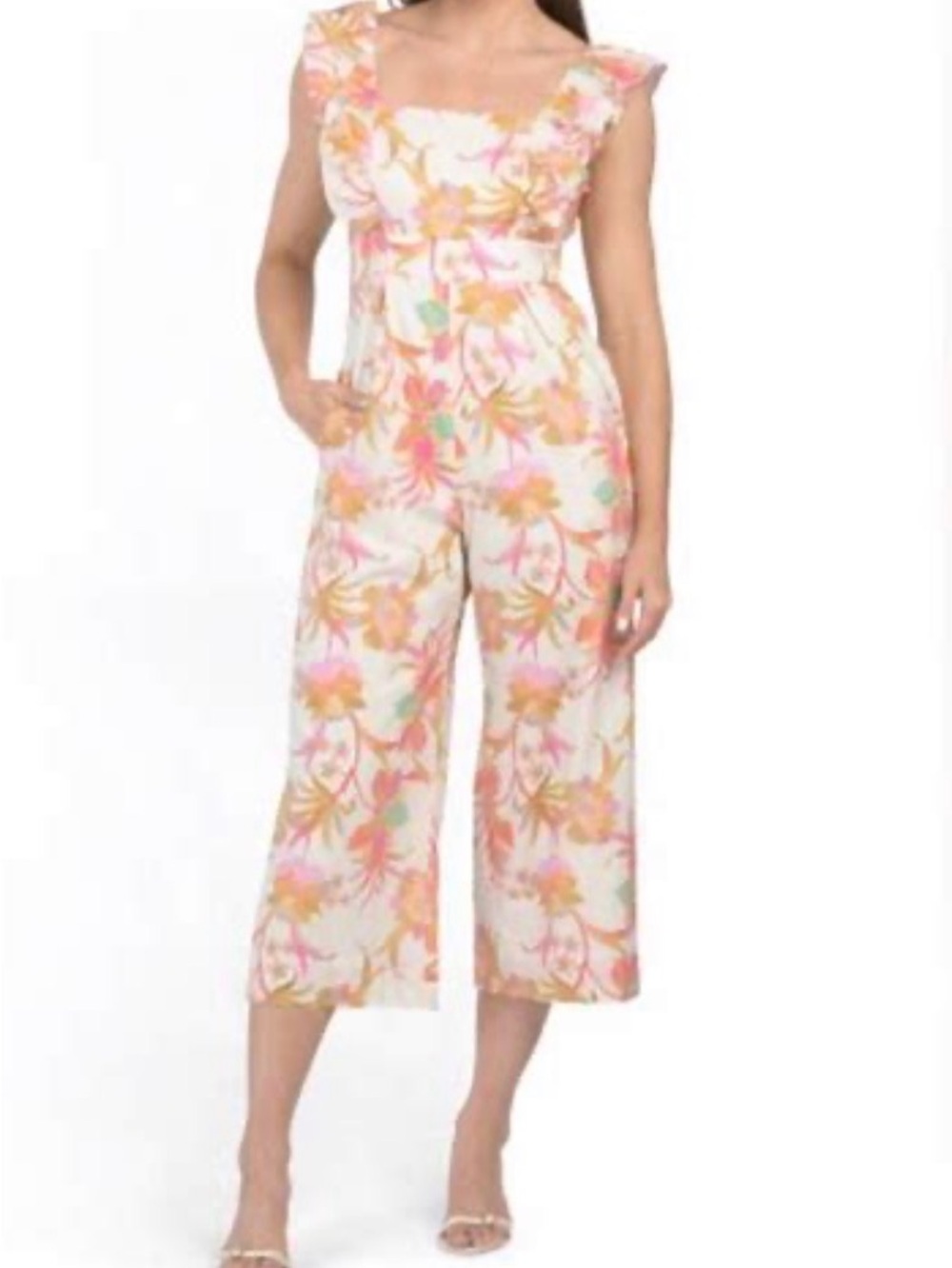 Taylor XL Floral Ruffle Wide Leg Cropped Jumpsuit Tropical Cotton